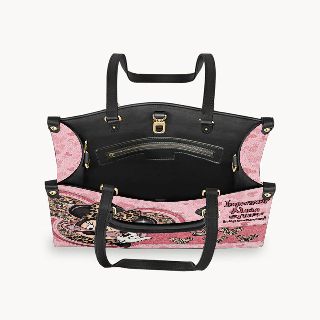 Important Nana Stuff Mainly Snacks Actually - Personalized Grandma Leather Handbag