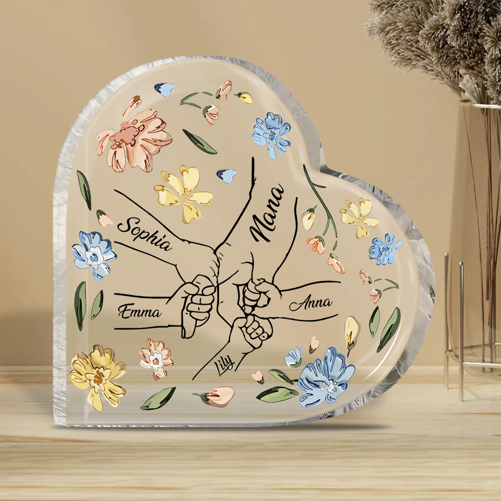 Mother Children Holding Hands Pastel Floral Pattern - Personalized Mother Custom Shaped Acrylic Plaque