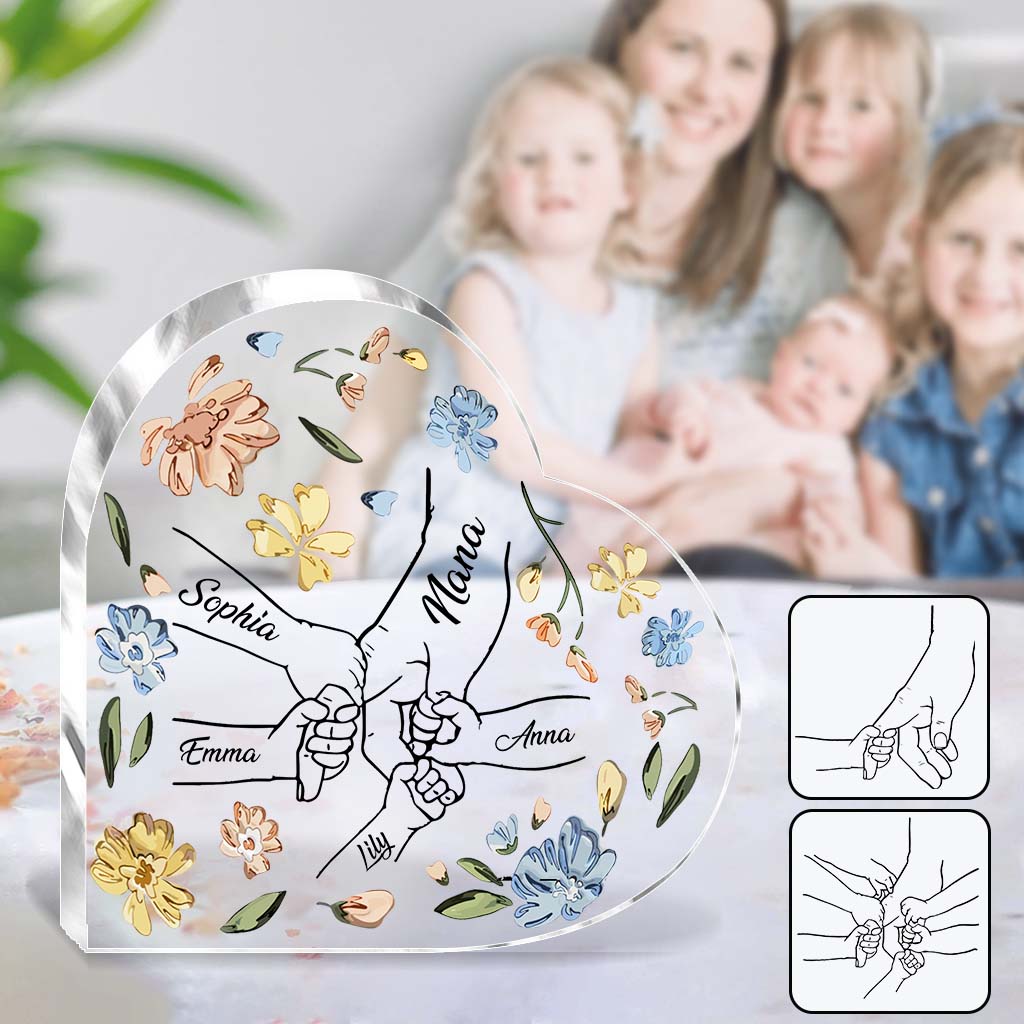 Mother Children Holding Hands Pastel Floral Pattern - Personalized Mother Custom Shaped Acrylic Plaque