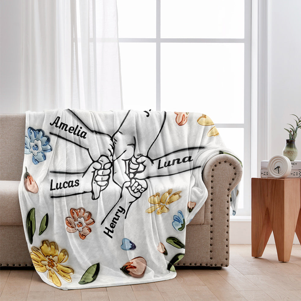 Mom's Love Hands Holding Pastel Floral - Personalized Mother Blanket
