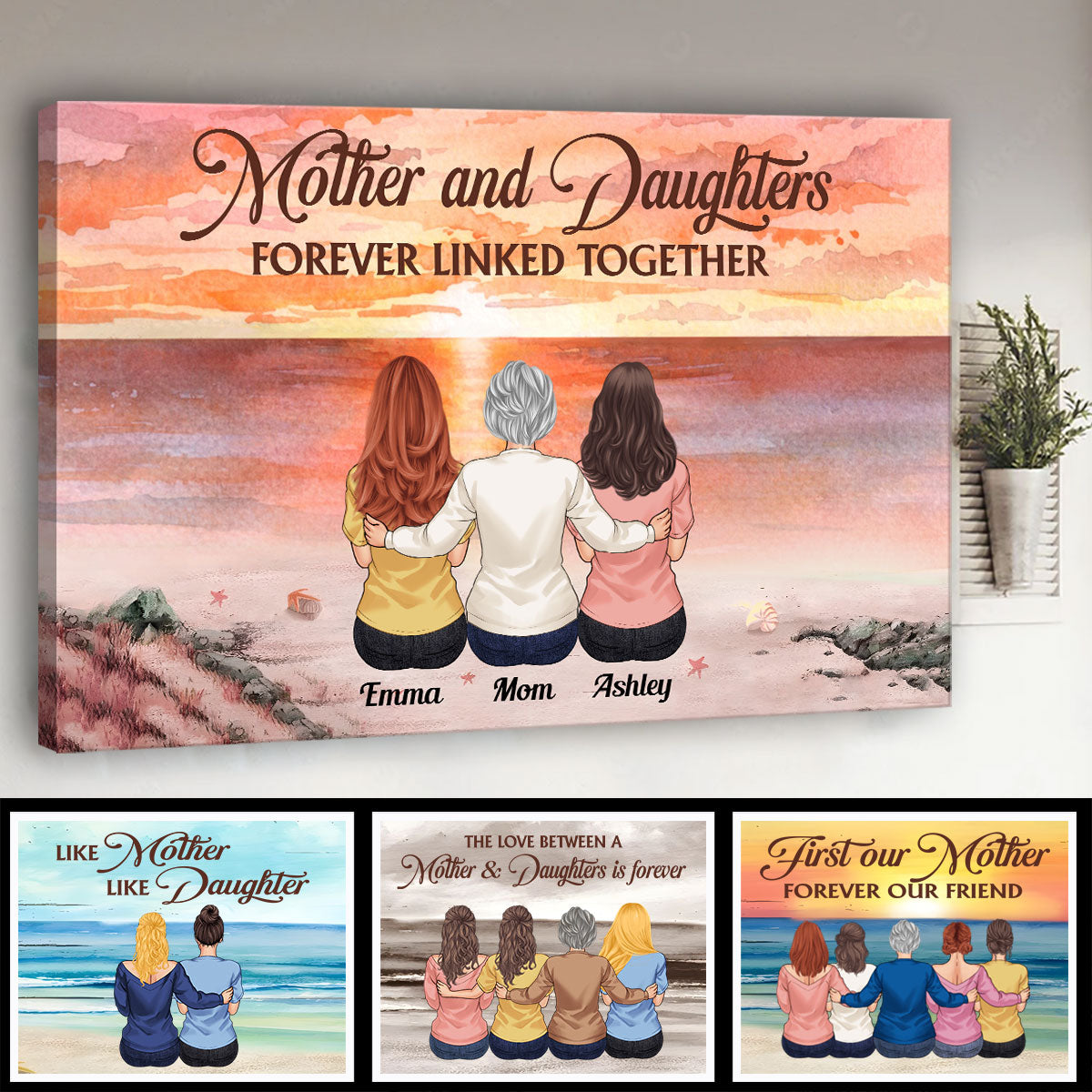 Mother & Daughters Forever Linked Together - Personalized Mother Canvas And Poster