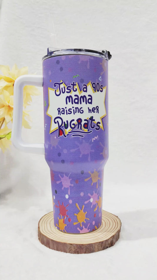 Just A Mama Raising Her Kids - Personalized 90's Cartoon Tumbler With Handle