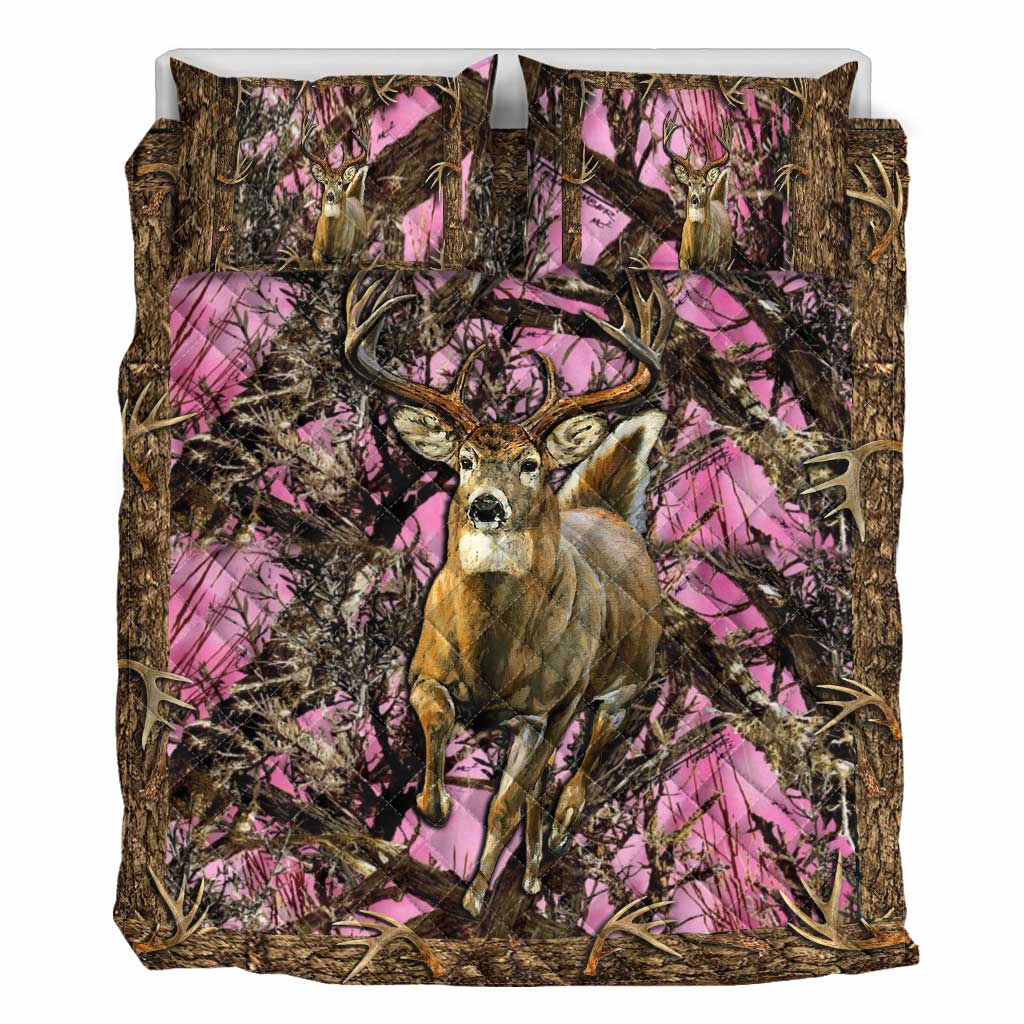 Pink Camo Deer Hunting Hunting  Quilt Set 0622