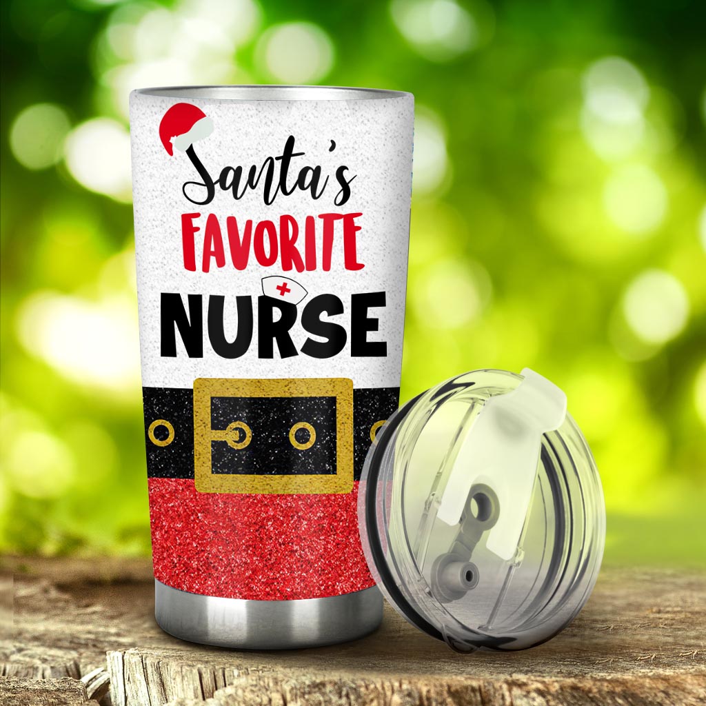 Santa's Favorite Nurse Faux Glitter Print Nurse Tumbler 0622