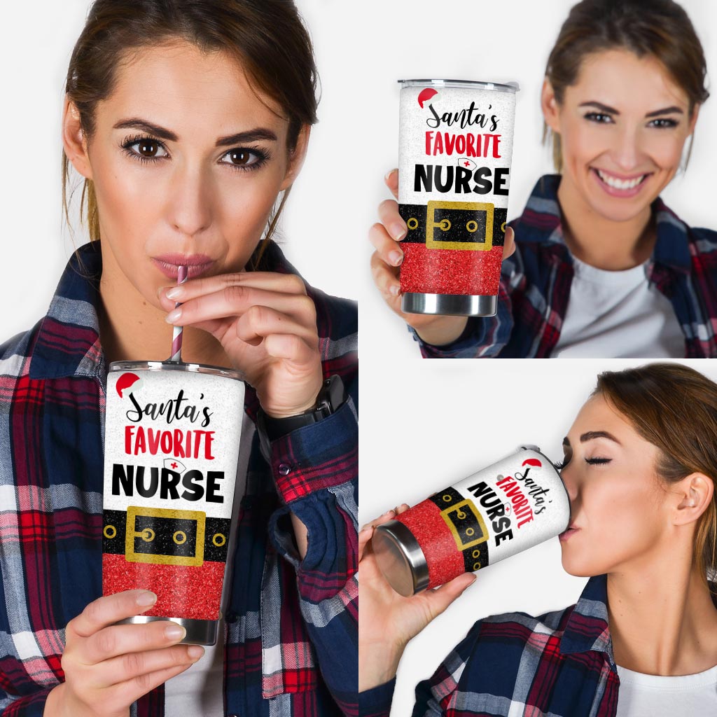 Santa's Favorite Nurse Faux Glitter Print Nurse Tumbler 0622