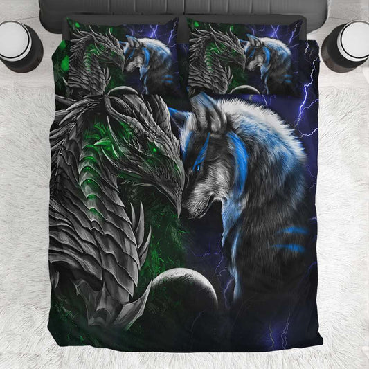 Green And Blue Dragon And Wolf - Dragon Bedding Set 0921