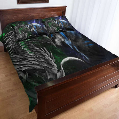 Green And Blue Dragon And Wolf - Dragon Bedding Set 0921