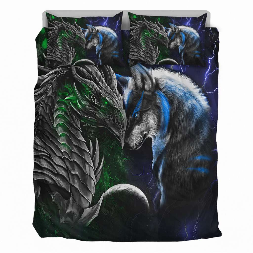 Green And Blue Dragon And Wolf - Dragon Bedding Set 0921