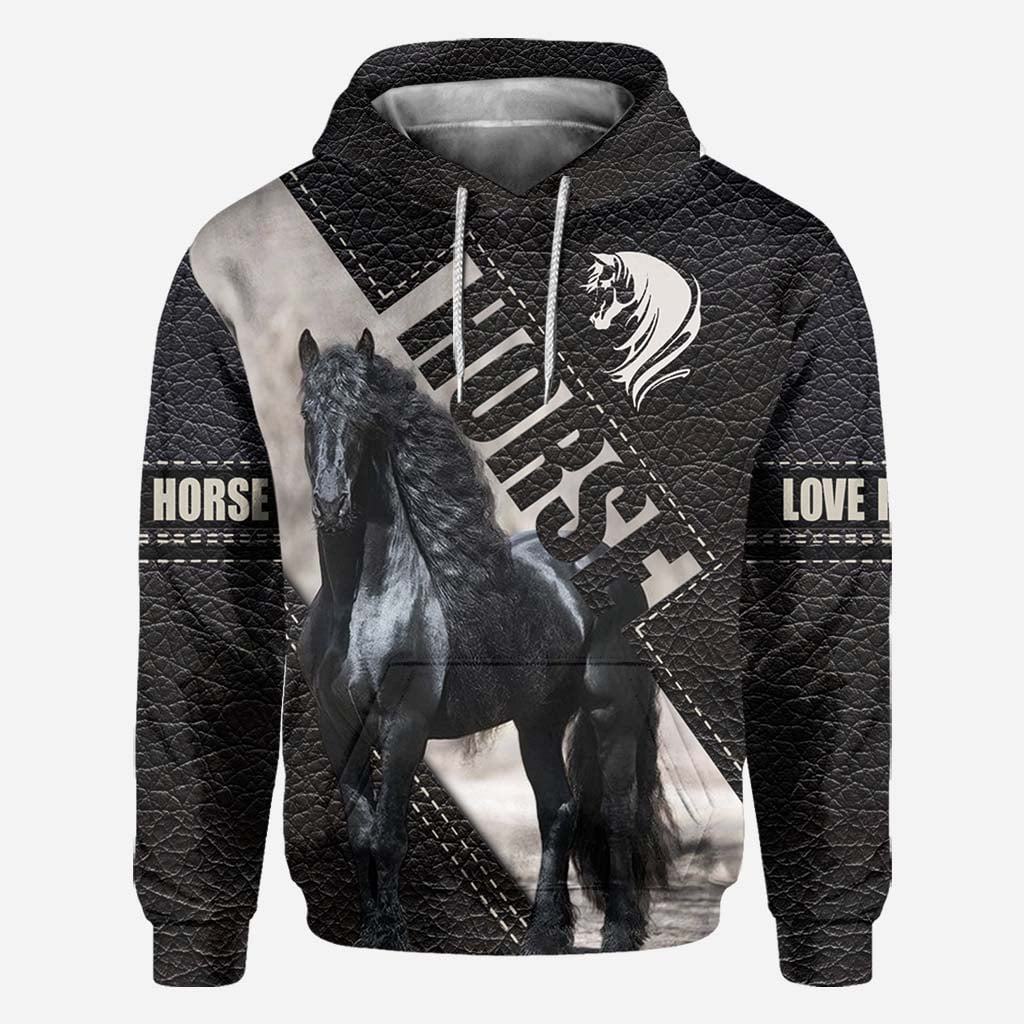 Riding Black Horse All Over T-shirt and Hoodie With Leather Print 0921