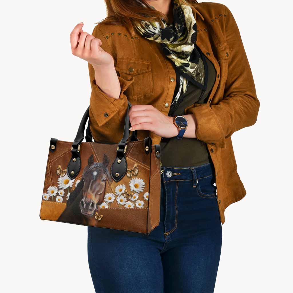 Horse With Daisies - Horse Riding Lover - Horse Owner Leather Handbag 0921