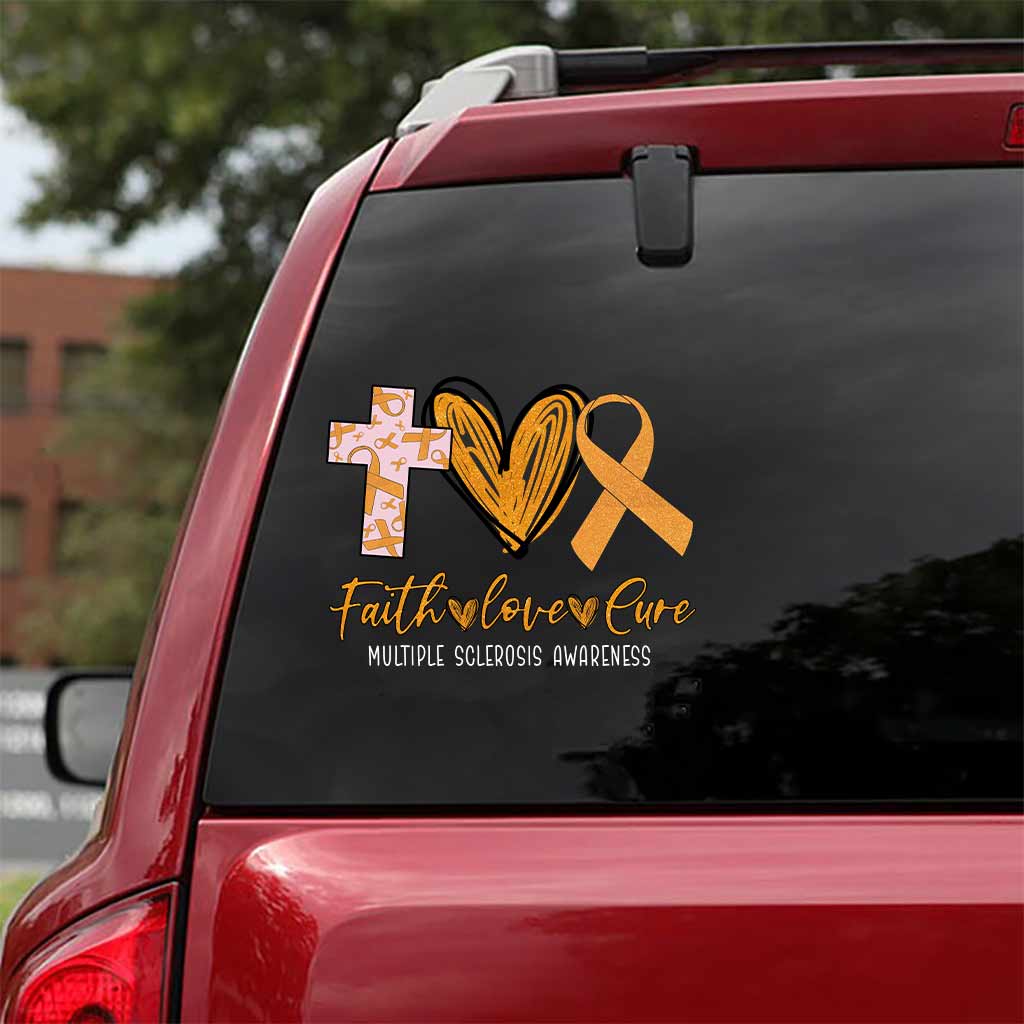 Faith Love Cure Cross Heart And Ribbon - Multiple Sclerosis Awareness Decal Full