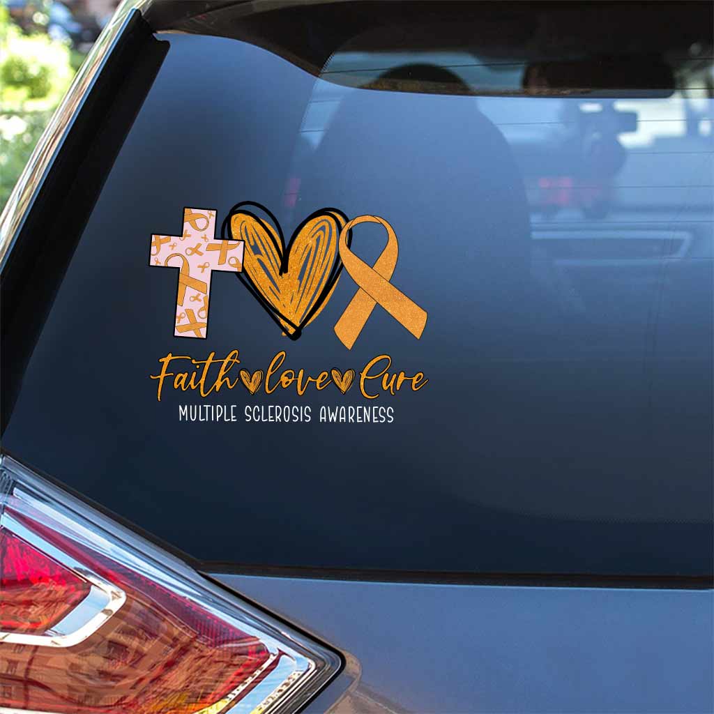 Faith Love Cure Cross Heart And Ribbon - Multiple Sclerosis Awareness Decal Full