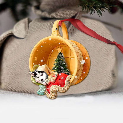 Husky Sibir Sleeping In A Tiny Cup - Dog Ornament (Printed On Both Sides) 1022