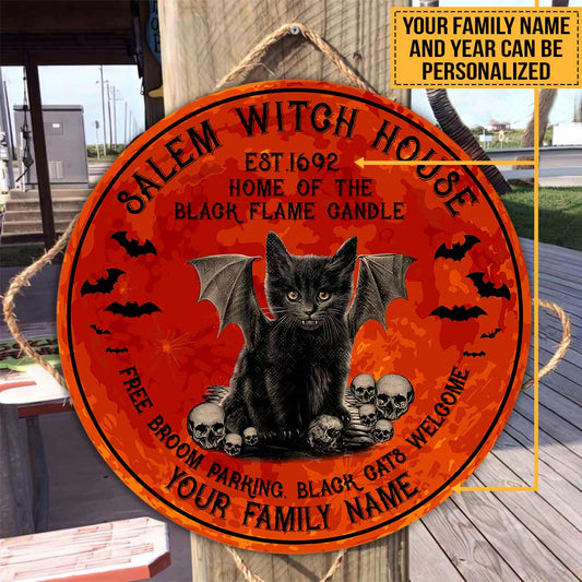 Salem Witch House - Black Cat Personalized Round Wood Sign