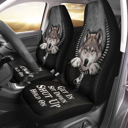 Get In Sit Down Shut Up Hold On - Wolf Seat Covers With Leather Pattern Print