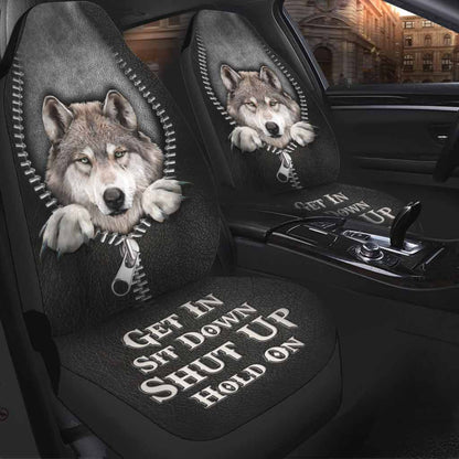 Get In Sit Down Shut Up Hold On - Wolf Seat Covers With Leather Pattern Print