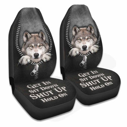 Get In Sit Down Shut Up Hold On - Wolf Seat Covers With Leather Pattern Print