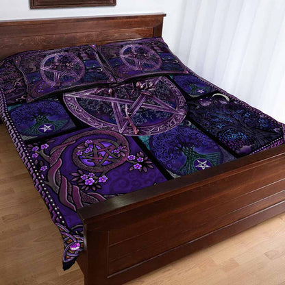 Ace Of Pentacles Purple Rose Pentagram Witch Quilt Set