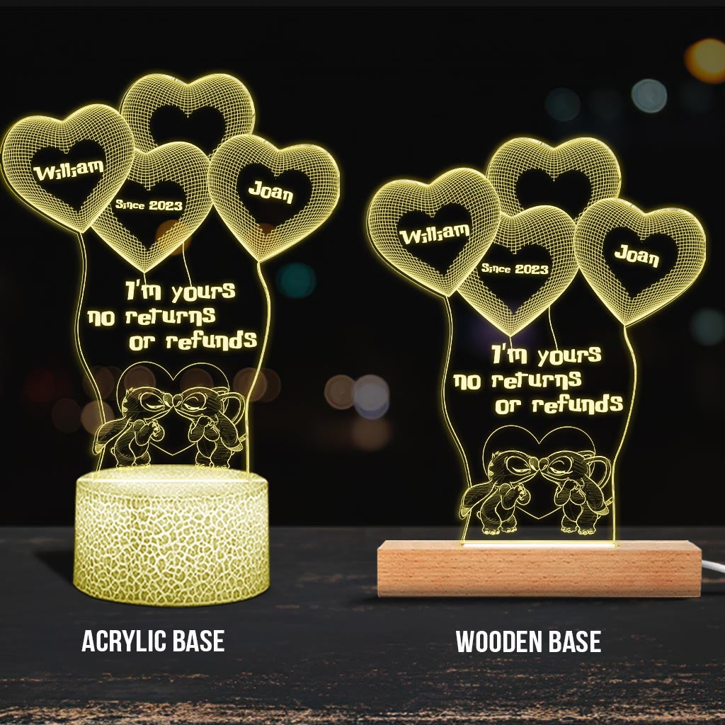 I’m Yours No Returns Or Refunds - Personalized Couple Ohana Shaped Plaque Light Base