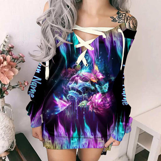 Fire Flower Magic Skull - Personalized Skull Off Shoulder Long Sleeve Dress