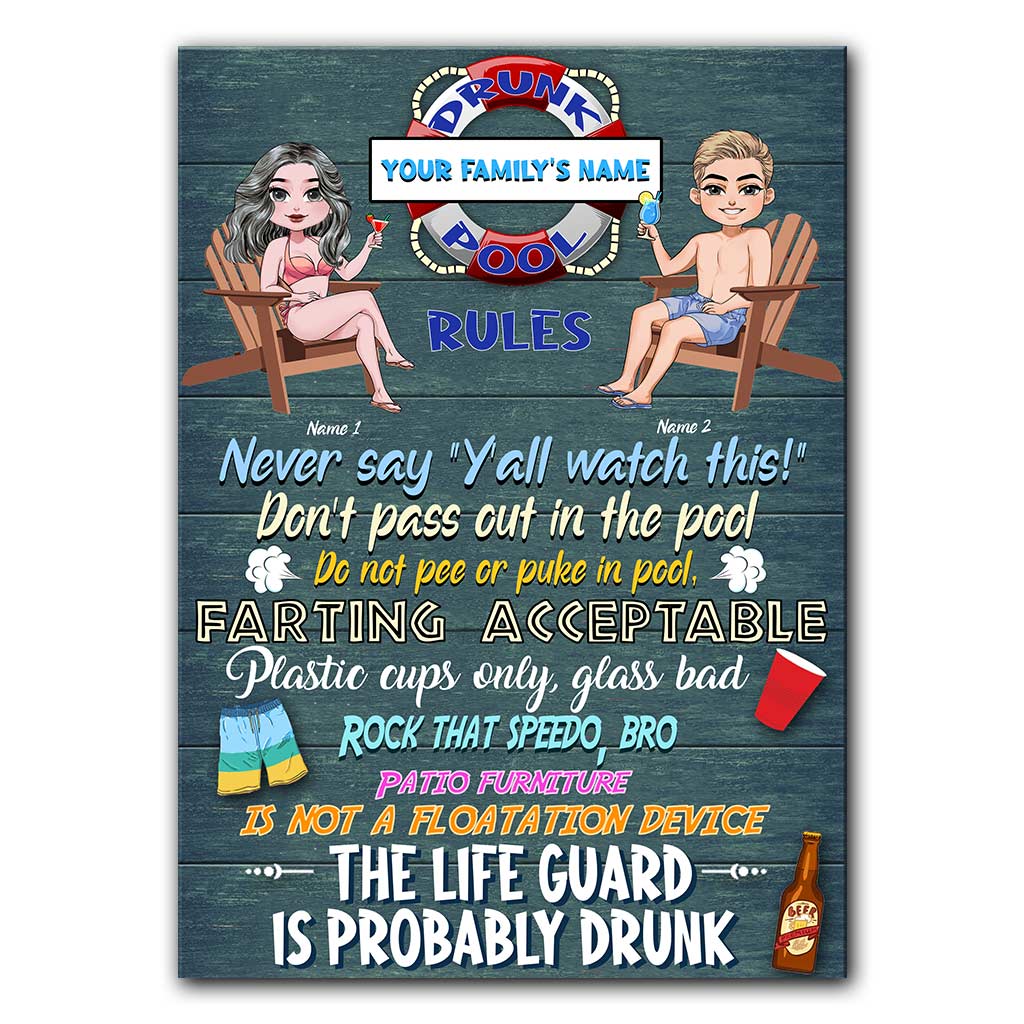 Drunk Pool Rules - Personalized Backyard Rectangle Metal Sign