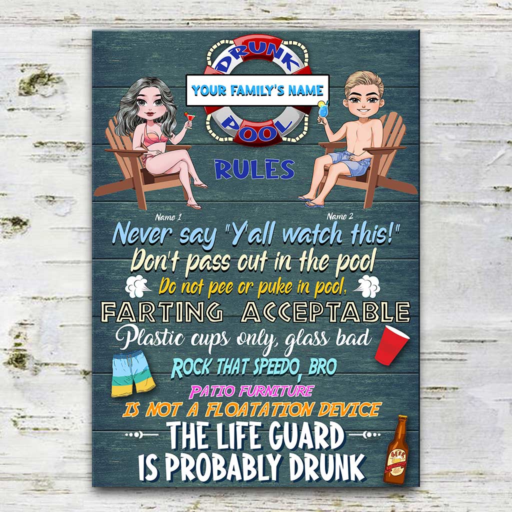 Drunk Pool Rules - Personalized Backyard Rectangle Metal Sign
