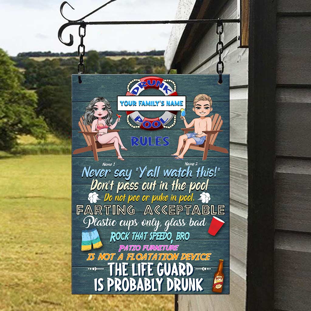 Drunk Pool Rules - Personalized Backyard Rectangle Metal Sign
