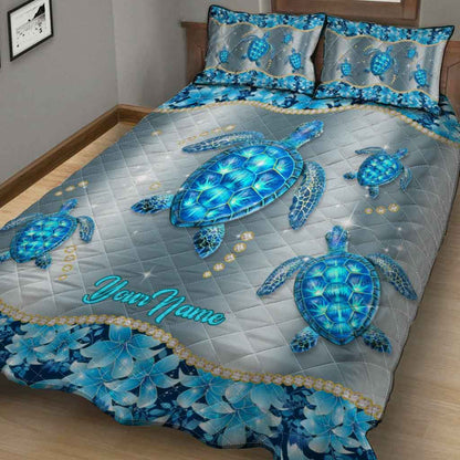 Blue Sea - Personalized Turtle Quilt Set