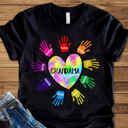 Grandma And Grandkids Heart Colorful Hands Personalized T-shirt And Hoodie 092021