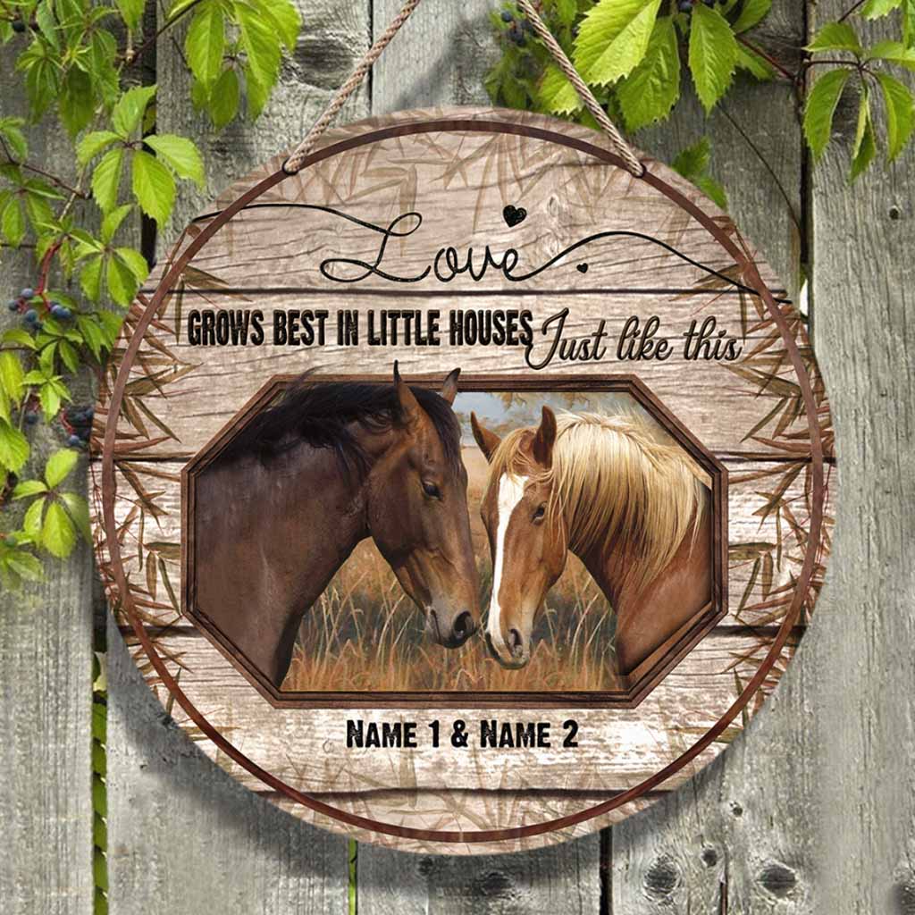 Love Grows Best - Personalized Couple Horse Round Wood Sign