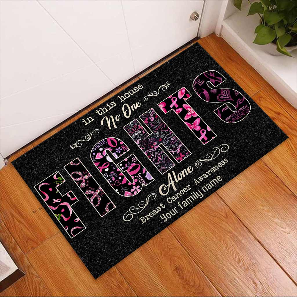 In This House No One Fights Alone - Breast Cancer Awareness Personalized Coir Pattern Print Doormat