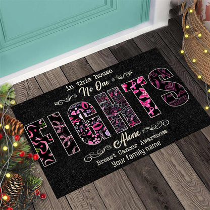 In This House No One Fights Alone - Breast Cancer Awareness Personalized Coir Pattern Print Doormat