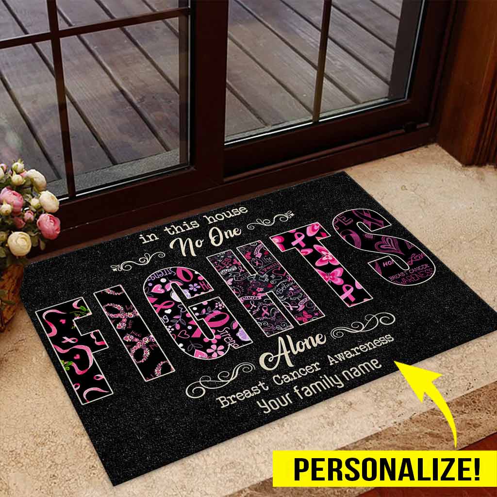 In This House No One Fights Alone - Breast Cancer Awareness Personalized Coir Pattern Print Doormat