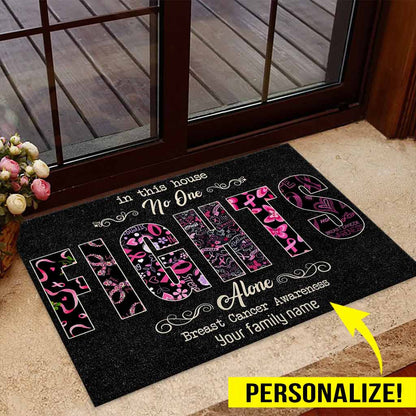 In This House No One Fights Alone - Breast Cancer Awareness Personalized Coir Pattern Print Doormat