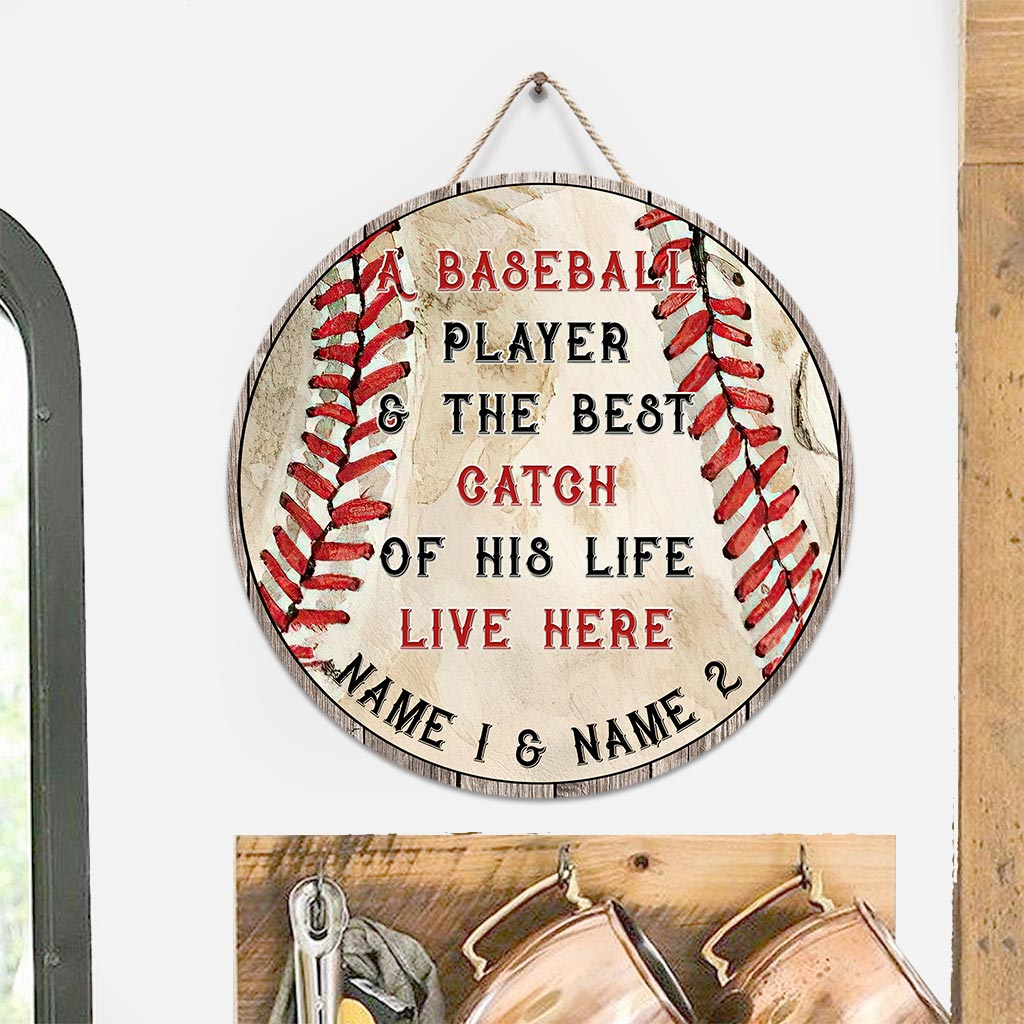 A Baseball Player Personalized Round Wood Sign