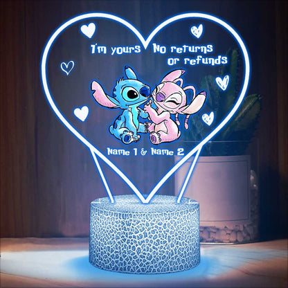 I'm Yours No Returns Or Refunds - Personalized Couple Ohana Shaped Plaque Light Base