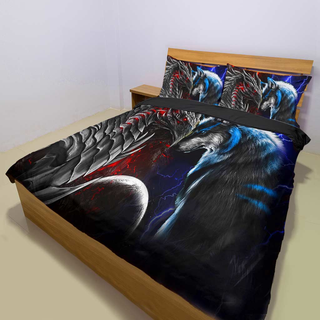 Red And Blue Dragon & Wolf - Bedding Set