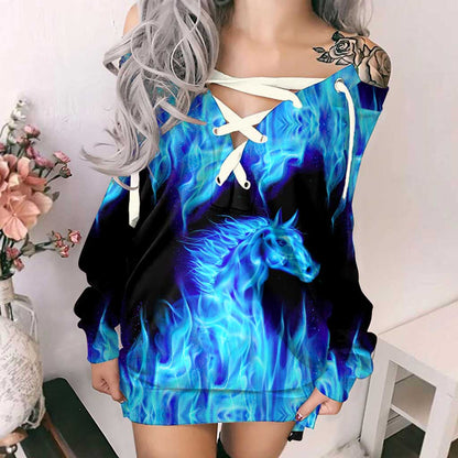 Blue Fire Horse Girls - Horse Off Shoulder Long Sleeve Dress