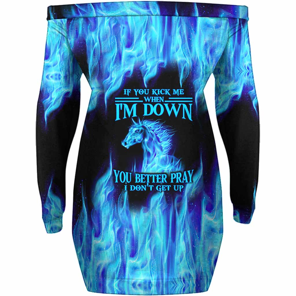 Blue Fire Horse Girls - Horse Off Shoulder Long Sleeve Dress