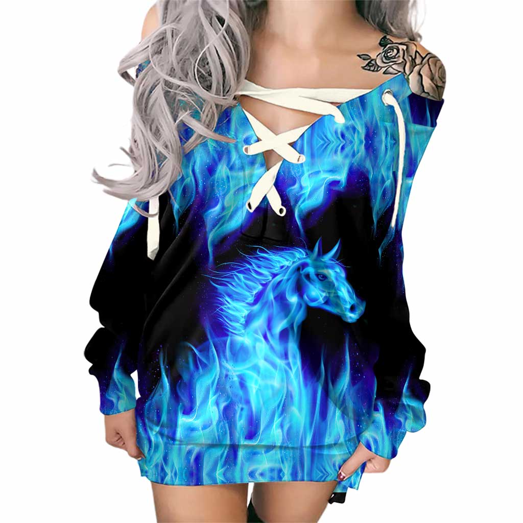 Blue Fire Horse Girls - Horse Off Shoulder Long Sleeve Dress