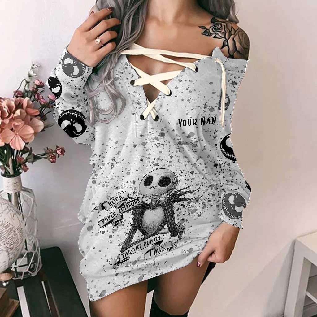 Rock Paper Scissors - Personalized Nightmare Off Shoulder Long Sleeve Dress