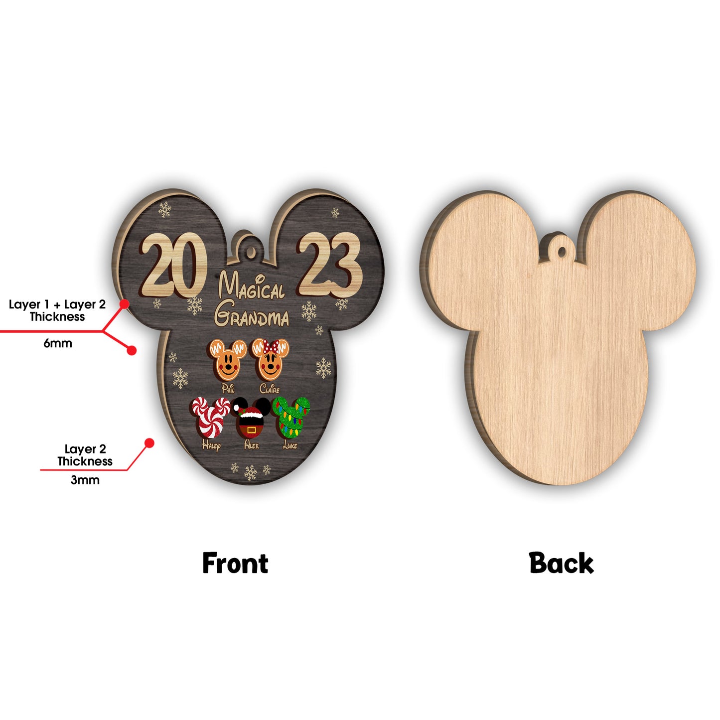 Magical Grandma Mouse Ears - Personalized Grandma 2 Layered Piece Ornament