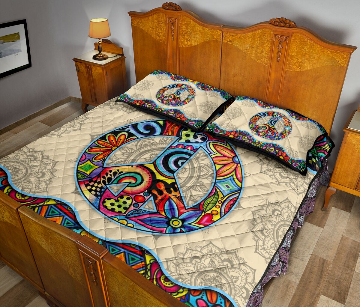 Floral Peace Symbol Hippie Quilt Set 0622