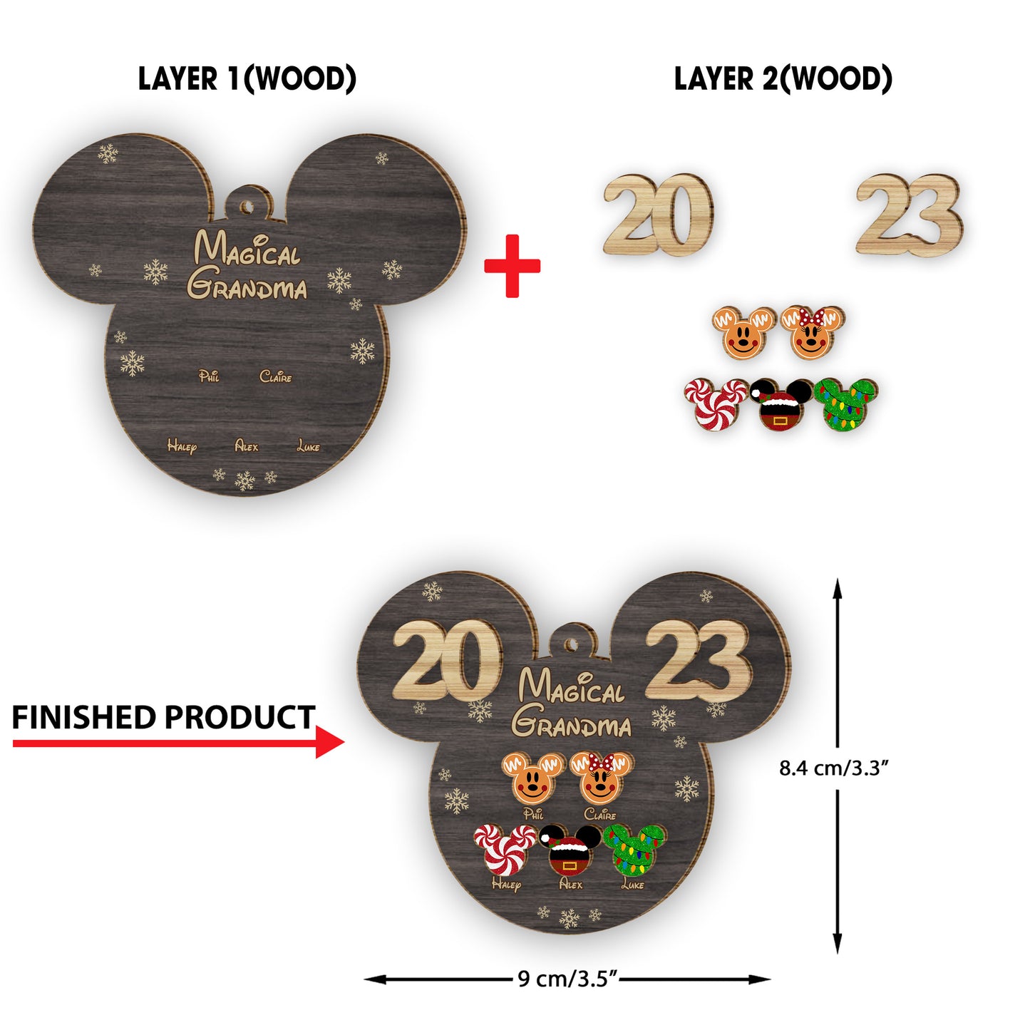 Magical Grandma Mouse Ears - Personalized Grandma 2 Layered Piece Ornament