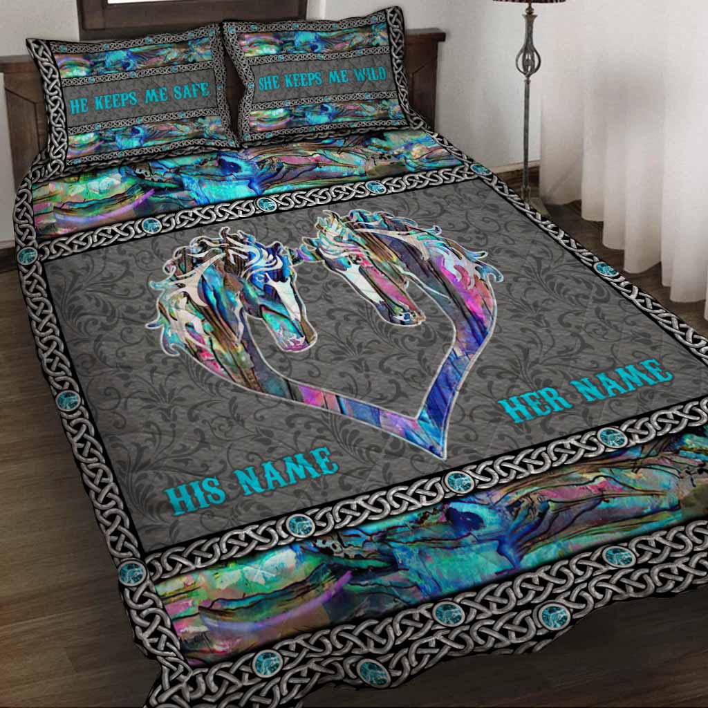 He Keeps Me Safe She Keeps Me Wild - Personalized Horse Quilt Set