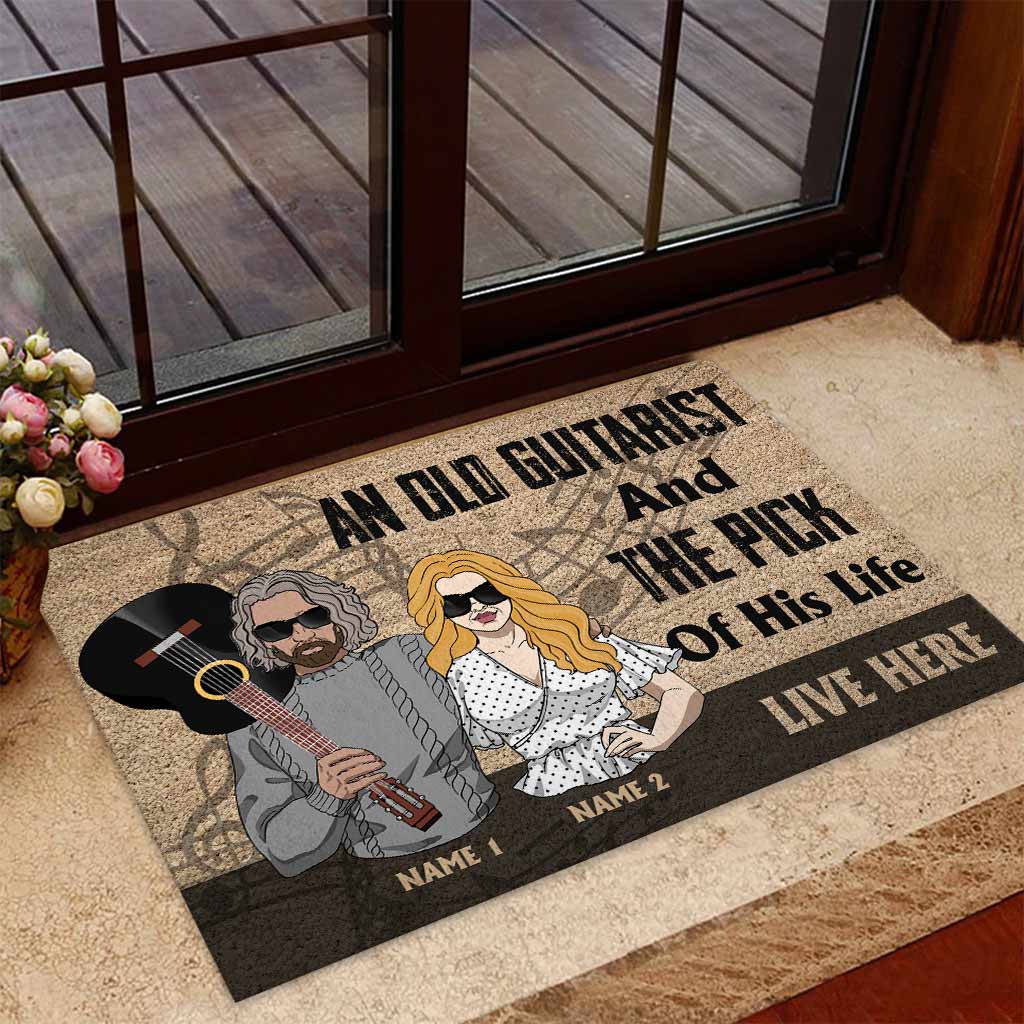 An Old Guitarist And The Pick Of His Life Live Here - Personalized Guitar Doormat