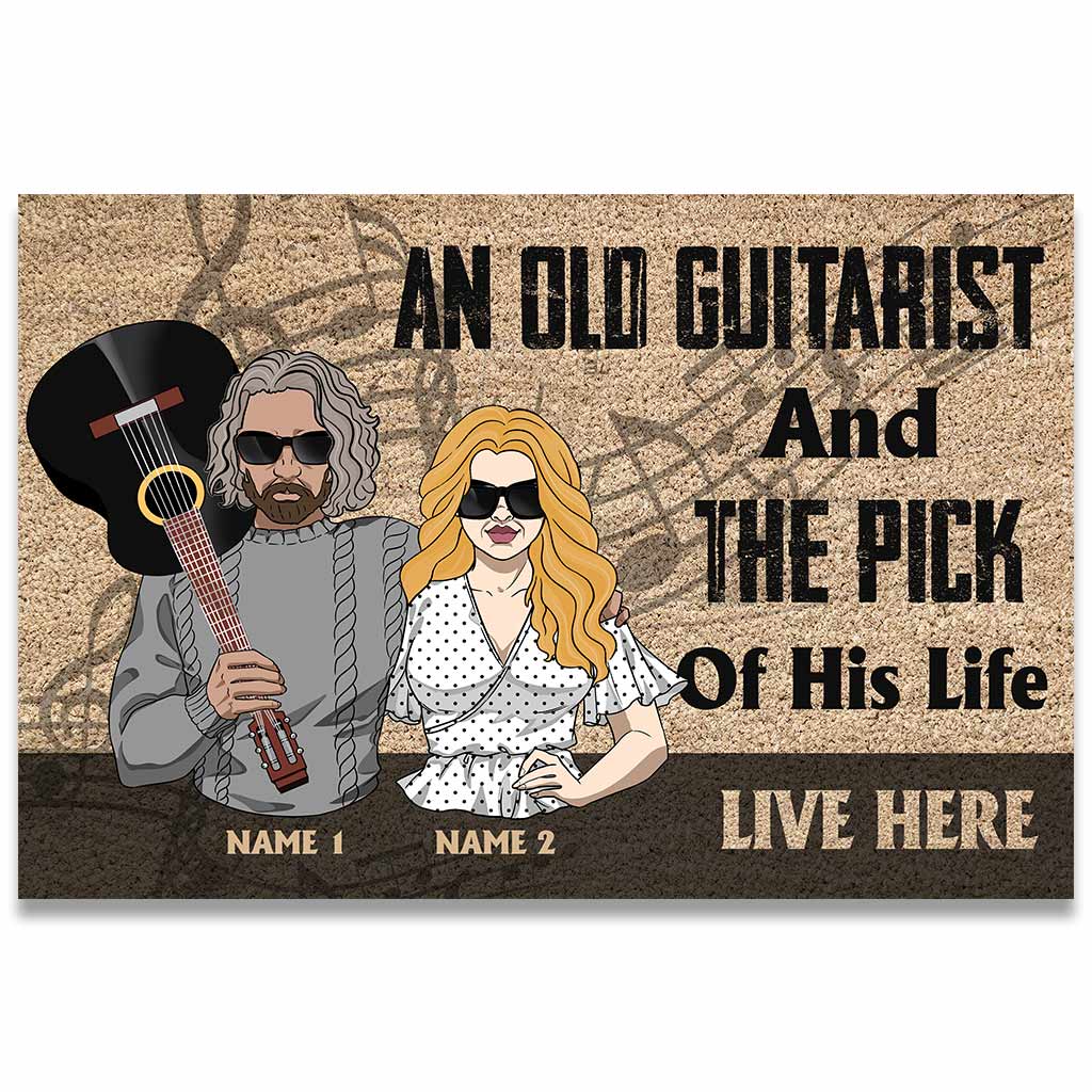 An Old Guitarist And The Pick Of His Life Live Here - Personalized Guitar Doormat