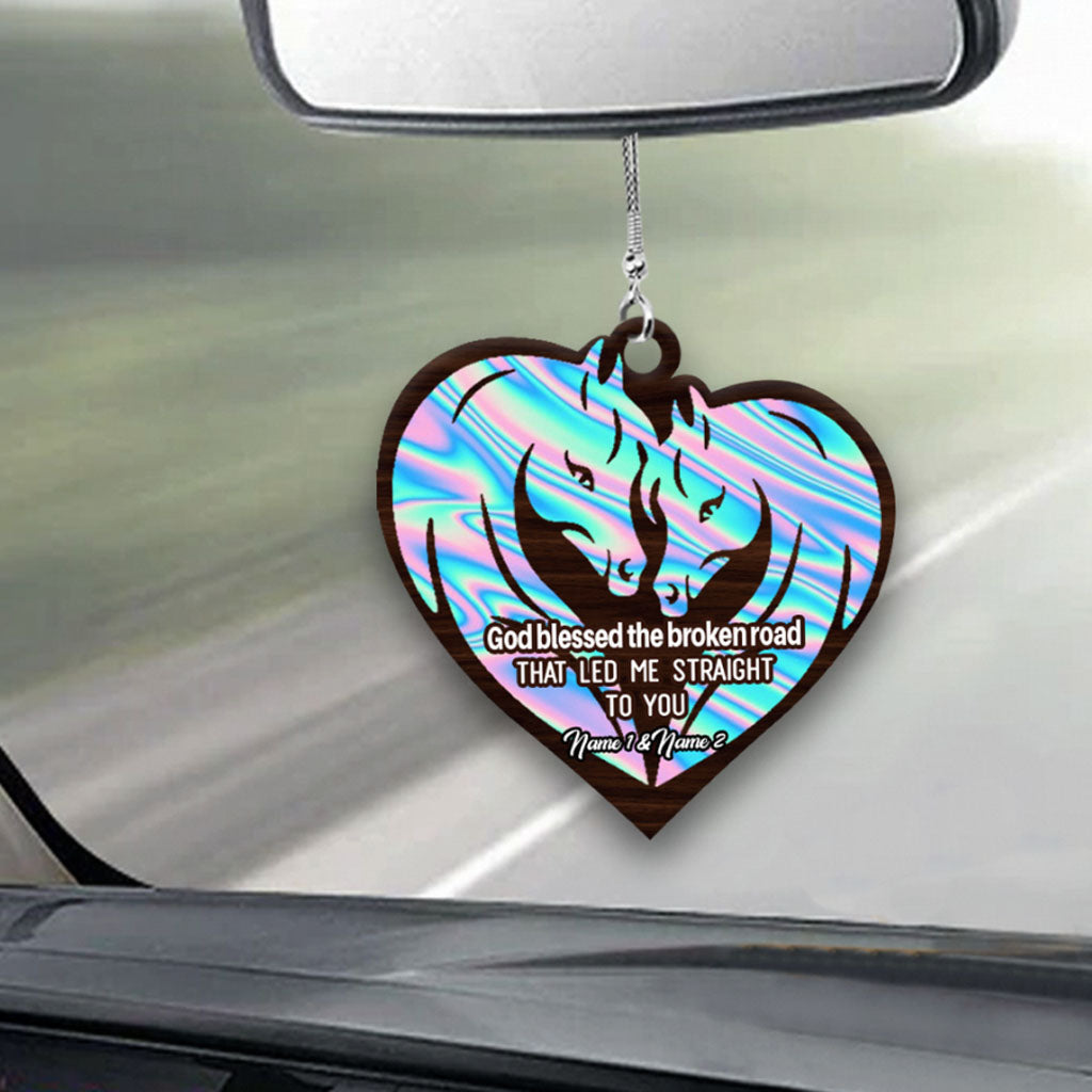 God Blessed The Broken Road - Personalized Couple Horse Car Ornament (Printed On Both Sides)