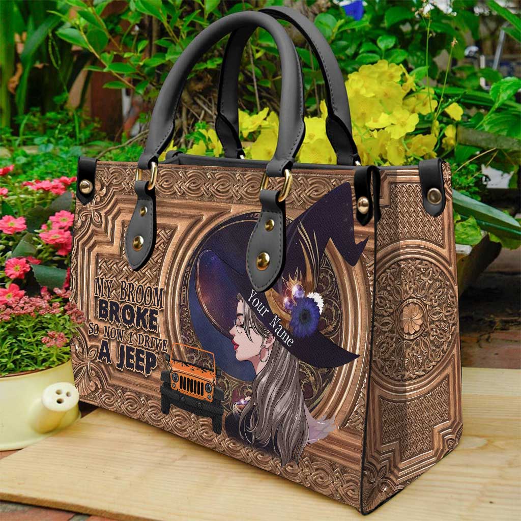 My Broom Broke - Personalized Halloween Car Leather Handbag