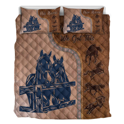 You And Me We Got This - Personalized Couple Horse Quilt Set With Leather Pattern Print